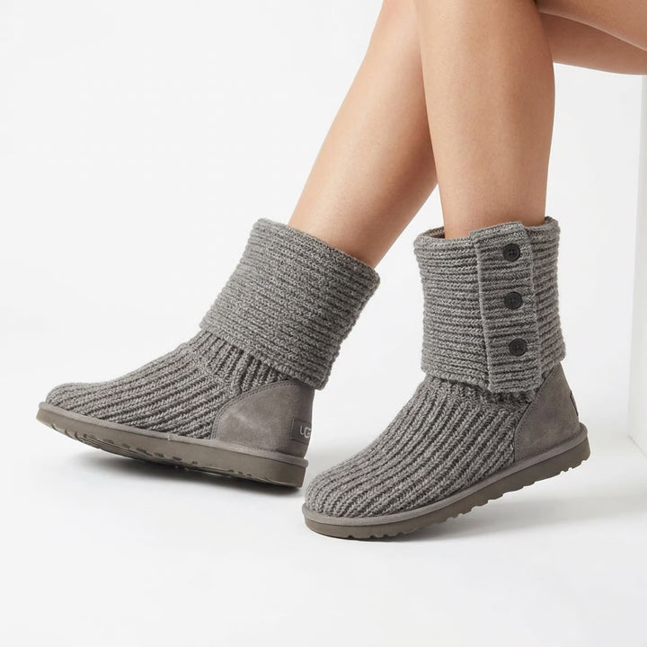 UGG Australia Cardy Grey Knit Button Tall Boots Womens Size 8