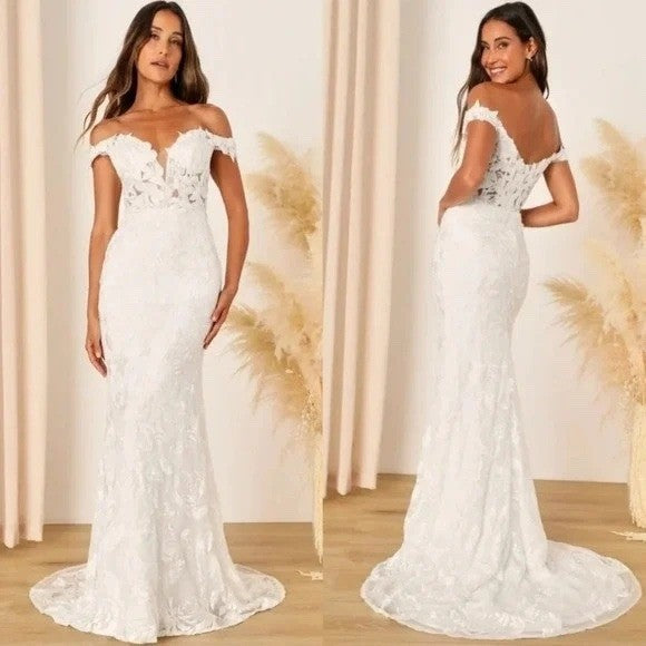 Lulus Precious Romance White Embroidered Off-The-Shoulder Maxi Dress Size 4