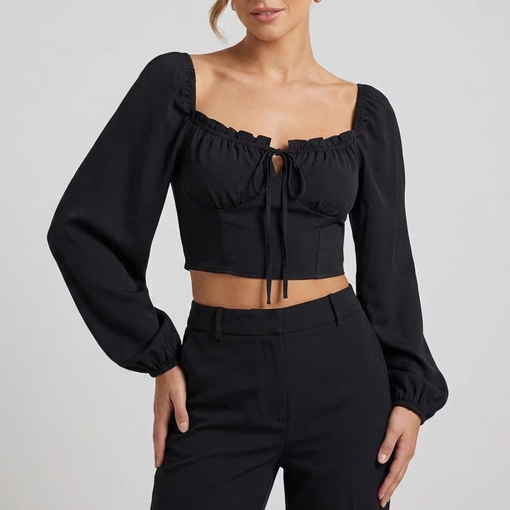 Shein Black Milkmaid Crop Top Long Puff Sleeve Tie Front Square Neck Size L