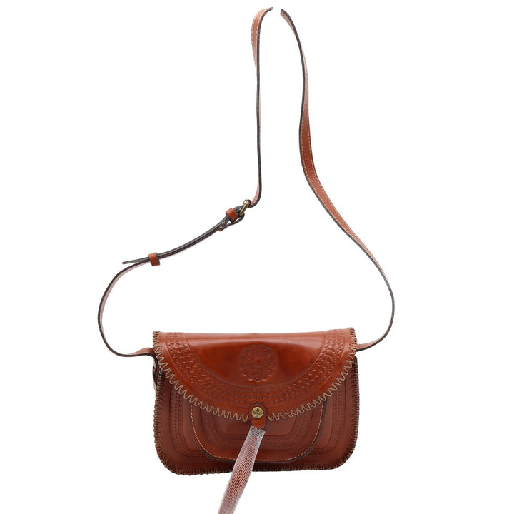 Patricia Nash Tan Tooled Leather Crossbody Saddle Bag Whipstitch Trim