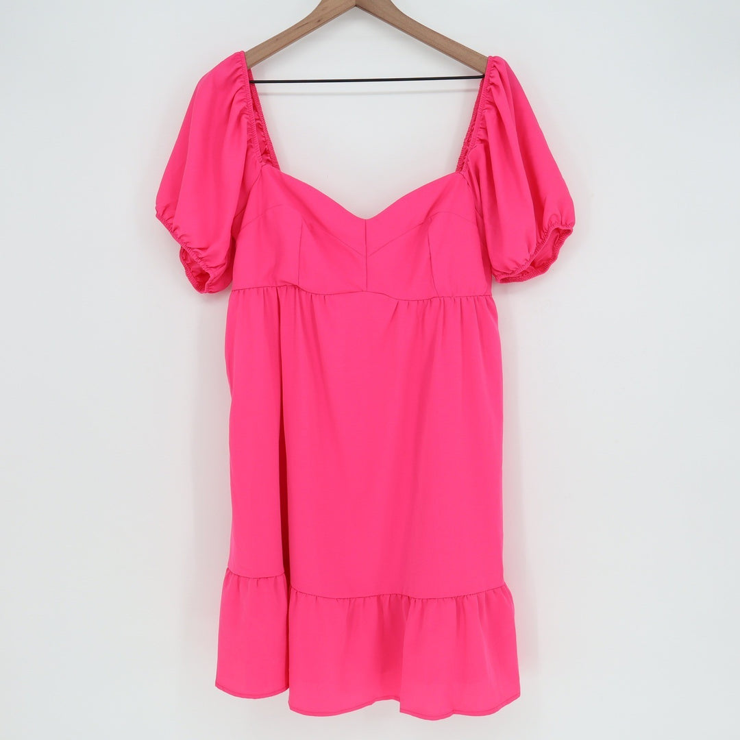 Belongsci Hot Pink Puff Sleeve Mini Dress Sweetheart Smocked Back Size M KLI 461