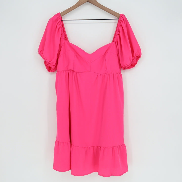 Belongsci Hot Pink Puff Sleeve Mini Dress Sweetheart Smocked Back Size M KLI 461