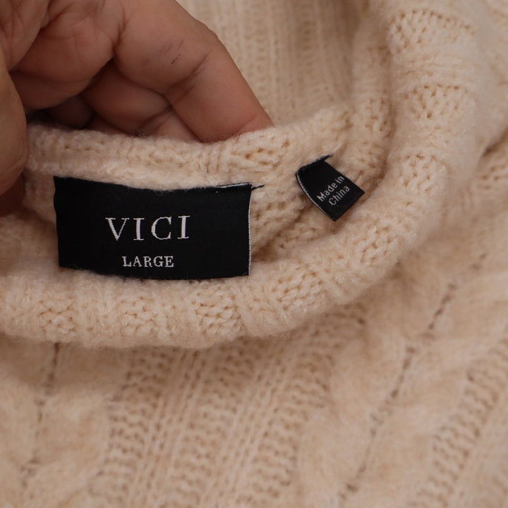 VICI Womens Cream Cable Knit Cropped Turtleneck Sweater Large