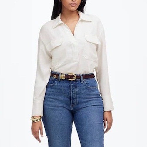 Madewell Contrast-Stitch Popover Shirt Women Small White Spread Collar Button Up