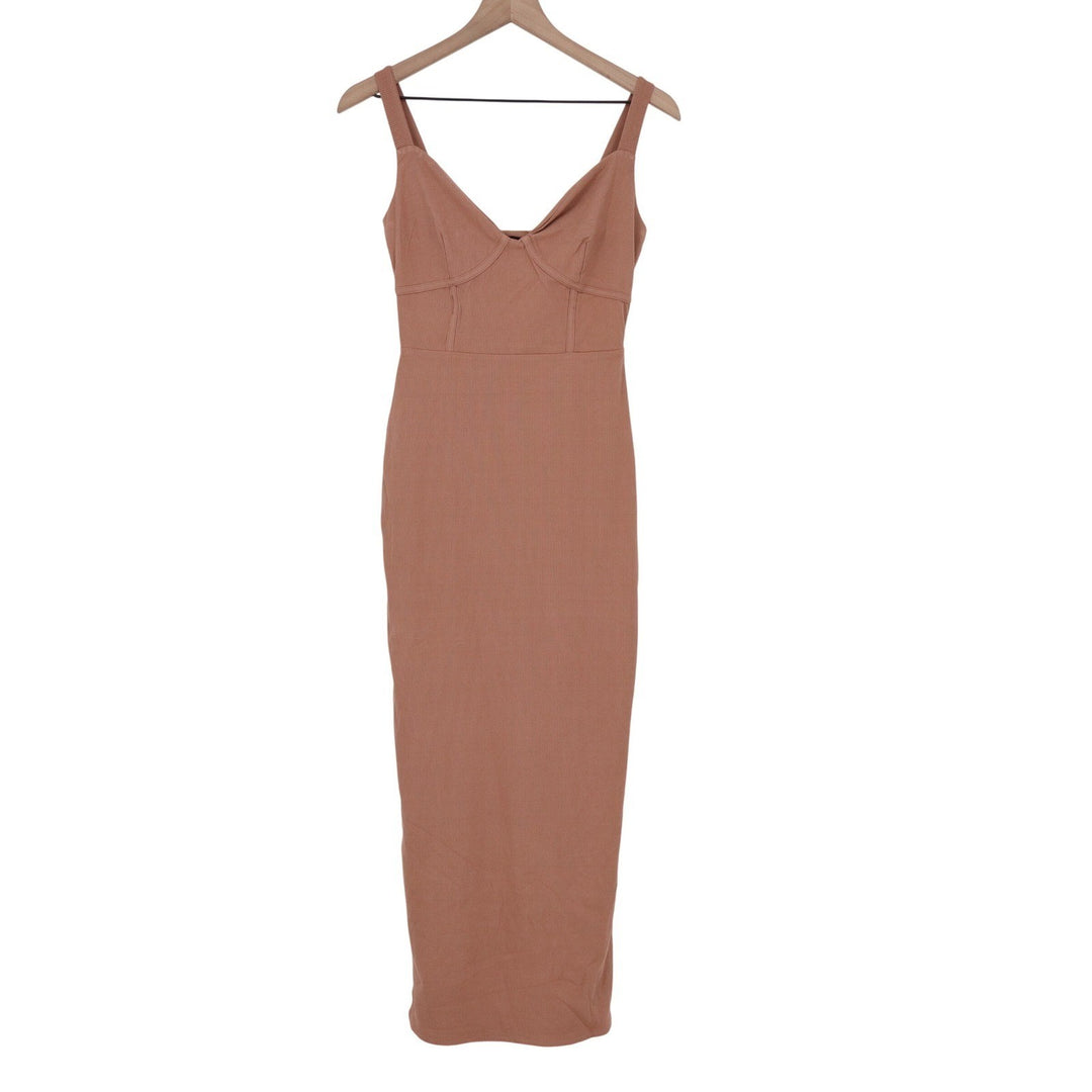 Naked Wardrobe Mauve Brown Ribbed Bustier Midi Bodycon Dress NW-D2420 Size L