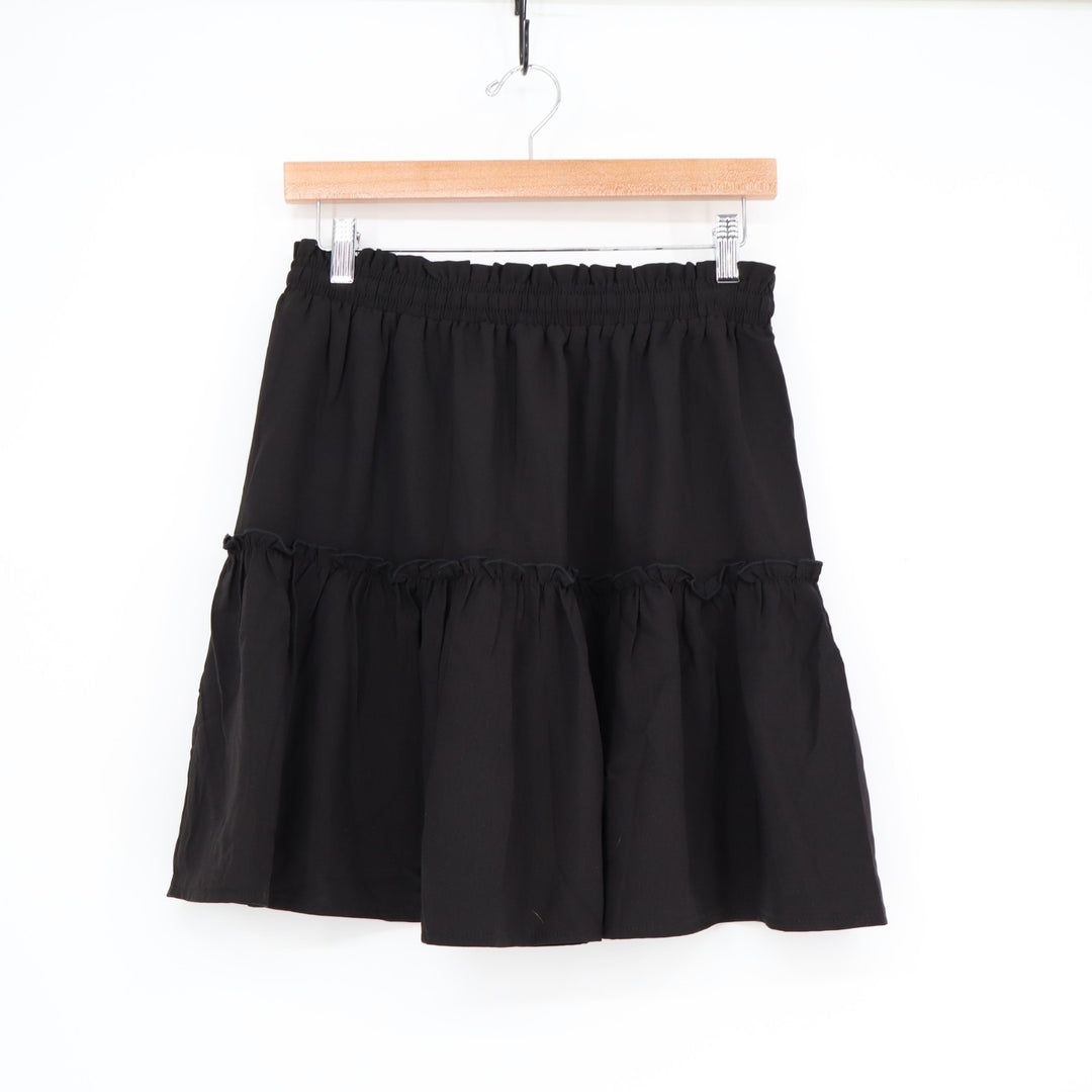 Mini Skirts Womens Medium Black Pleated Elastic Waistband Dusk Tiered Tie Detail