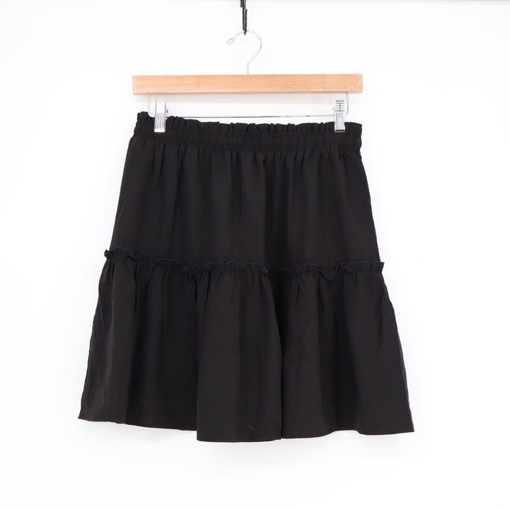 Mini Skirts Womens Medium Black Pleated Elastic Waistband Dusk Tiered Tie Detail