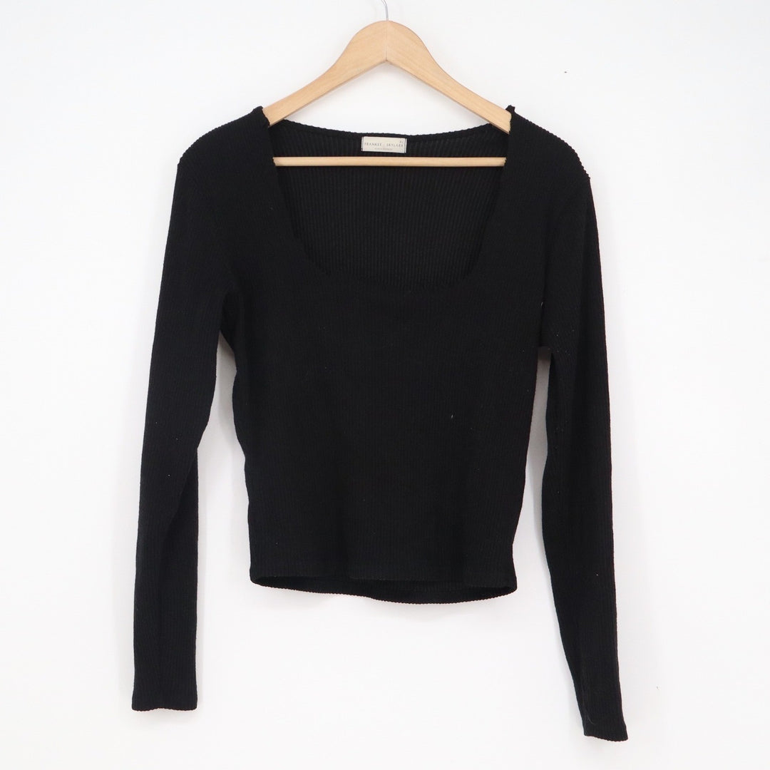 Frankee & Skylarr Black Ribbed Square Neck Long Sleeve Top XL Slim Fit