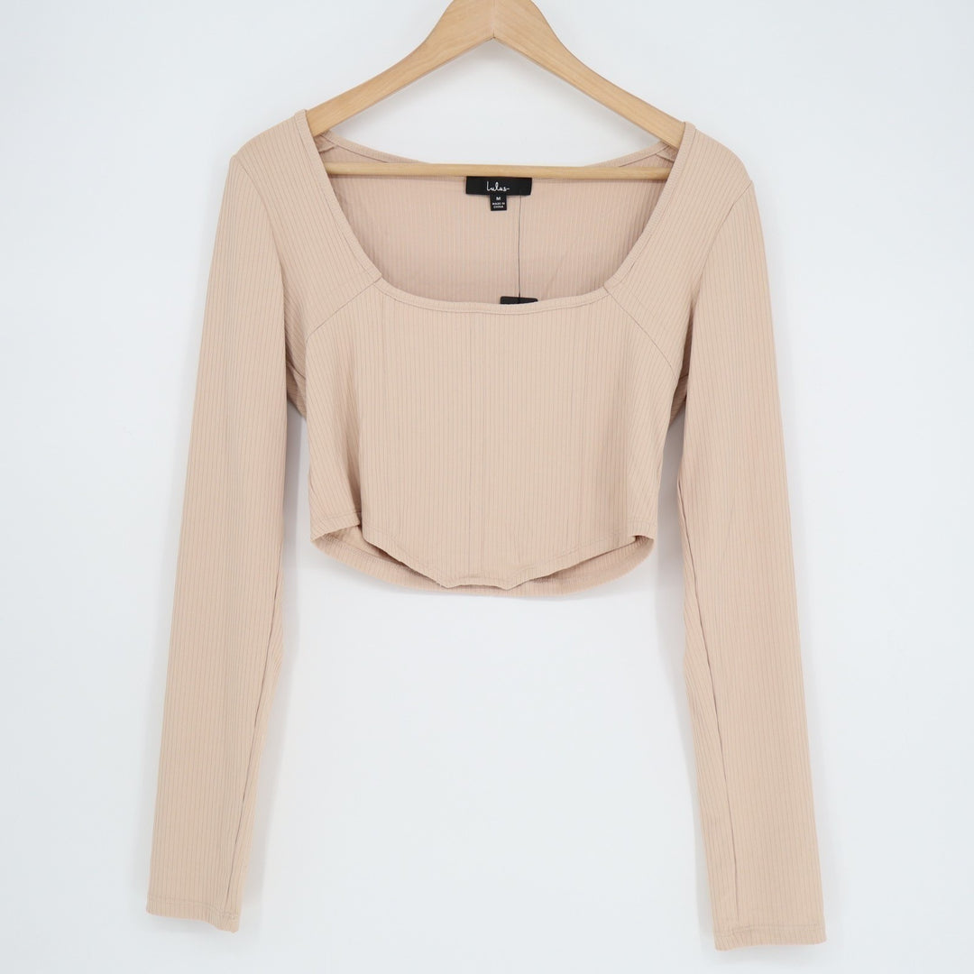 Lulus Flair for the Flirty Bustier Crop Top Womens M Beige Ribbed Long Sleeve
