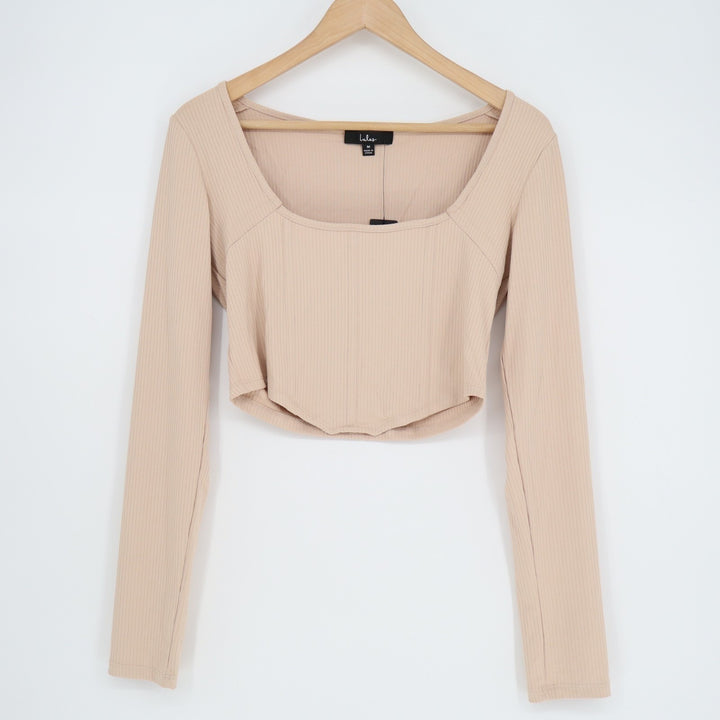 Lulus Flair for the Flirty Bustier Crop Top Womens M Beige Ribbed Long Sleeve