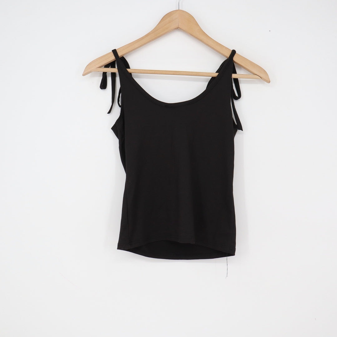 Brit & Bri Tank Top Womens S Tie Shoulder Black Solid Sleeveless Excellent