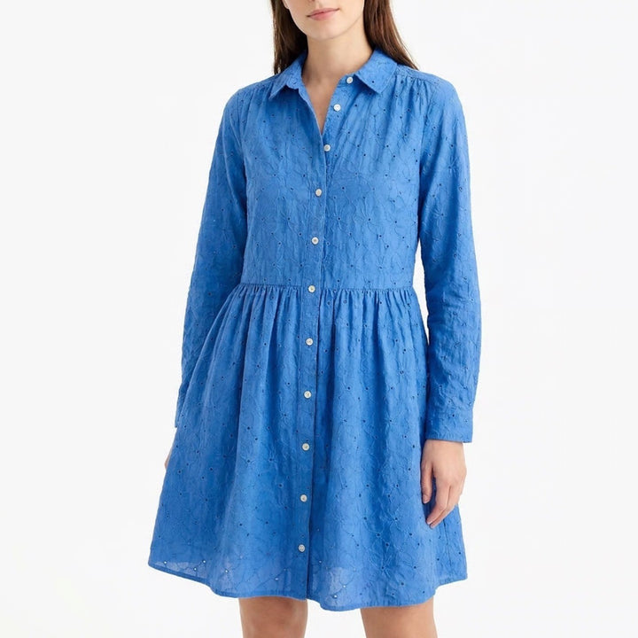 J.Crew Blue Eyelet Button Down Mini Dress Long Sleeve Floral Embroidered Size 10