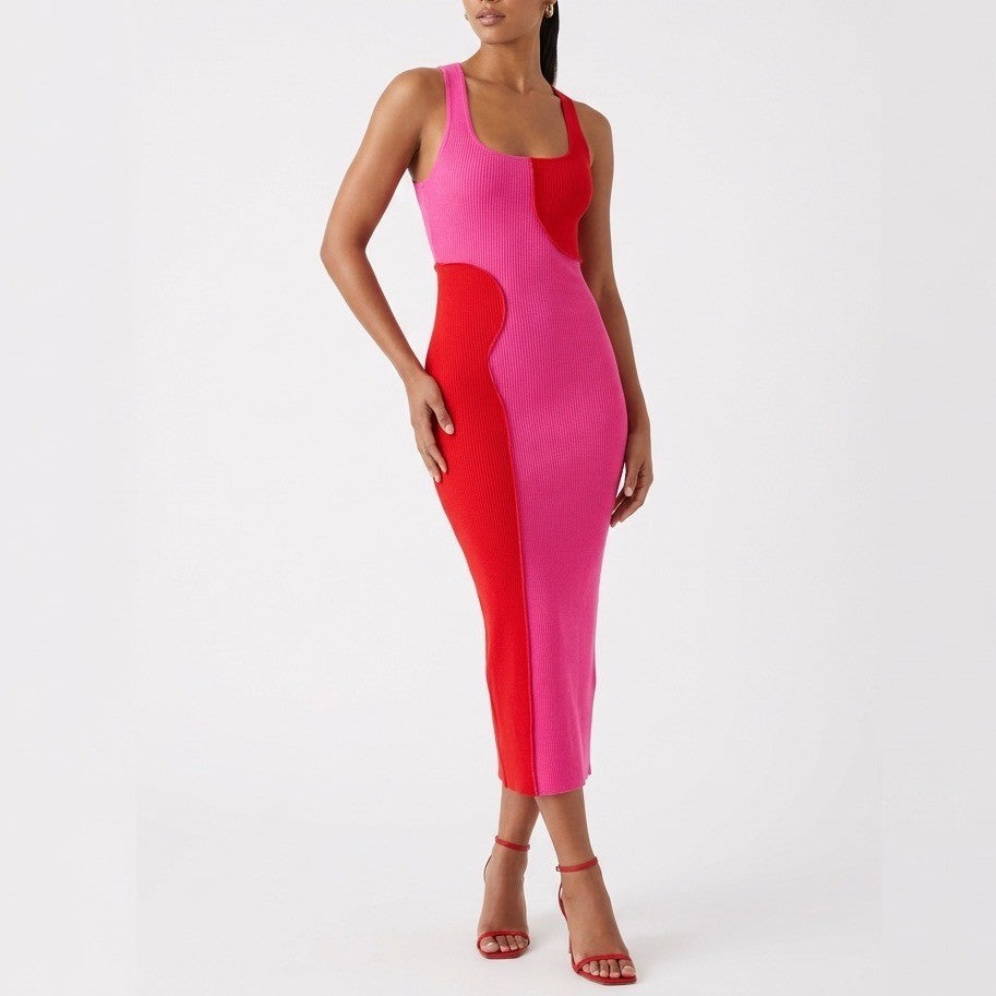 Naked Wardrobe Pink Red Colorblock Ribbed Midi Bodycon Dress Large