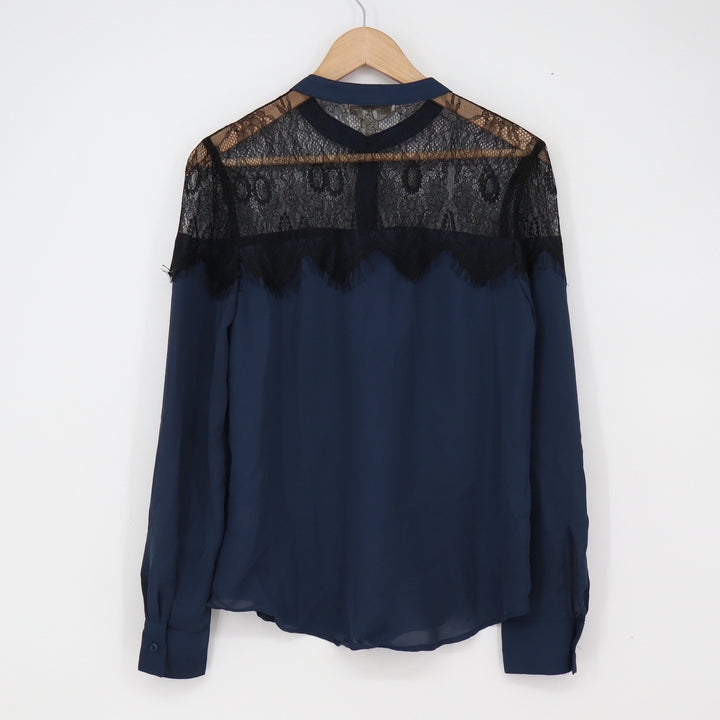 Lauren Conrad Blouse Womens S Lace Yoke Navy Blue Button-down Excellent