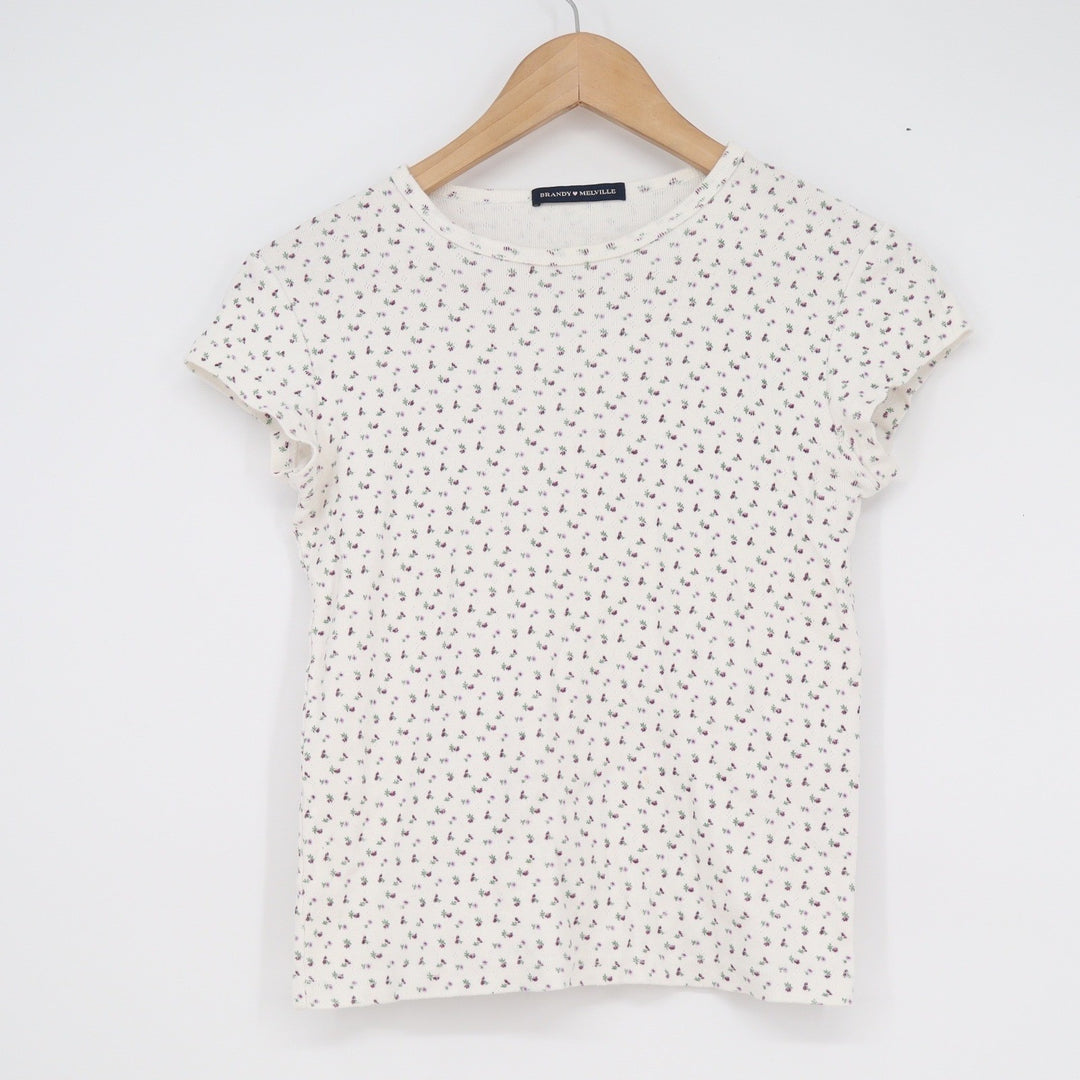 Brandy Melville White Floral Pointelle Short Sleeve Cotton Tee Made in Italy