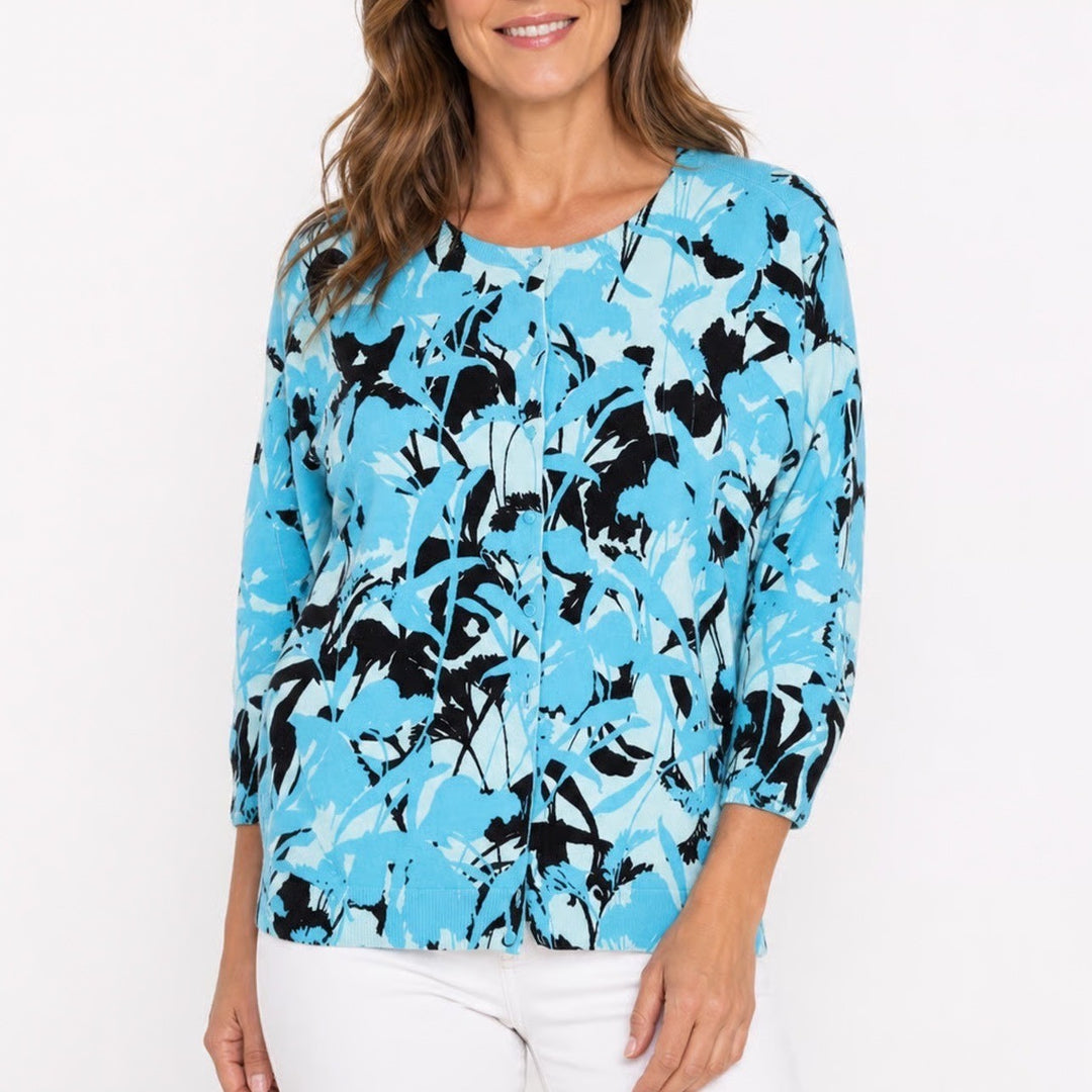 IZOD Silver Crest Womens XL Blue Black Floral Leaf Cotton Cardigan Sweater