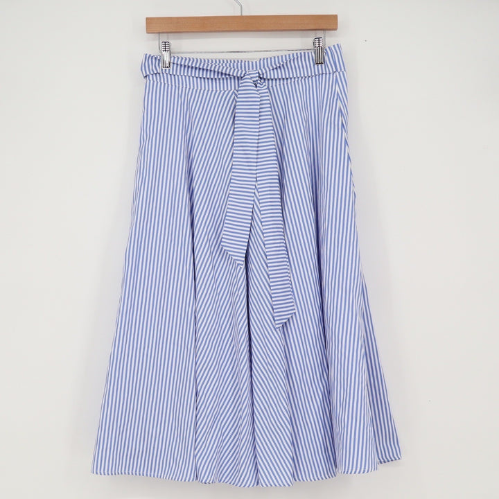 Reserved Eco Aware Blue White Striped A-Line Midi Skirt Tie Waist Womens Size 6