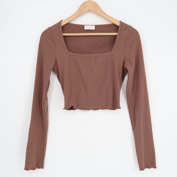 Pink Lily Crop Top Womens Medium Brown Stretch Ribbed Square Neck Long Sleeve