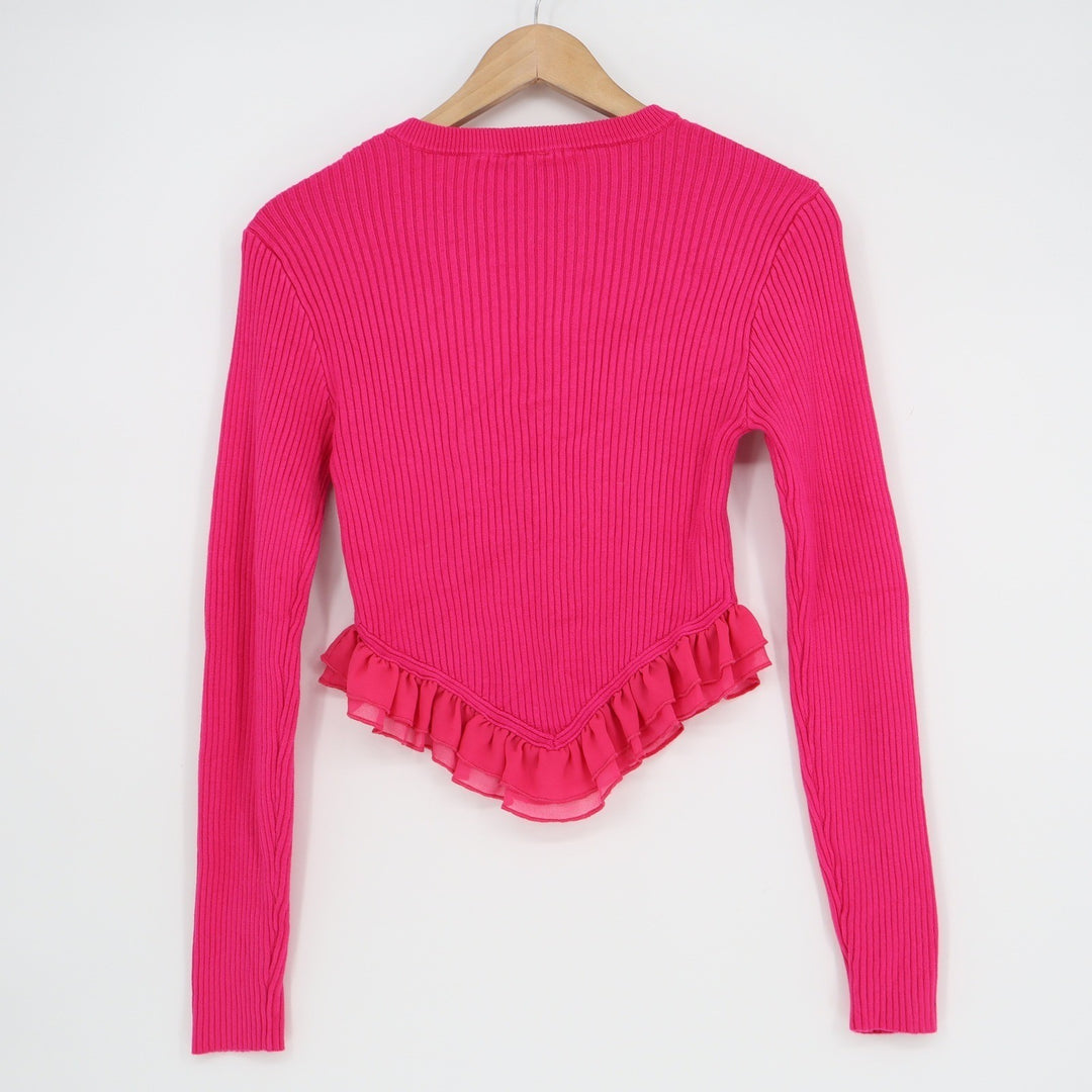 Robert Rodriguez Hot Pink Ribbed Knit Ruffle Hem Cropped Sweater Long Sleeve