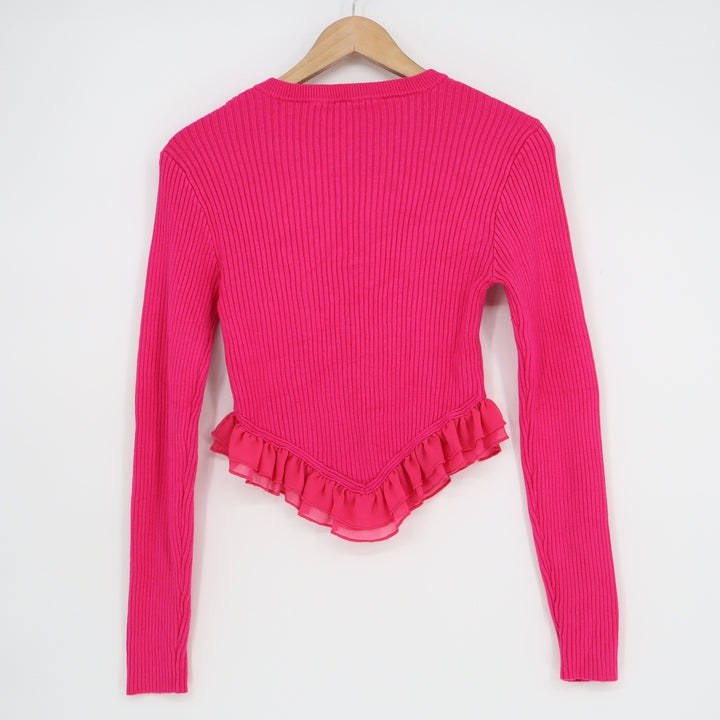 Robert Rodriguez Hot Pink Ribbed Knit Ruffle Hem Cropped Sweater Long Sleeve