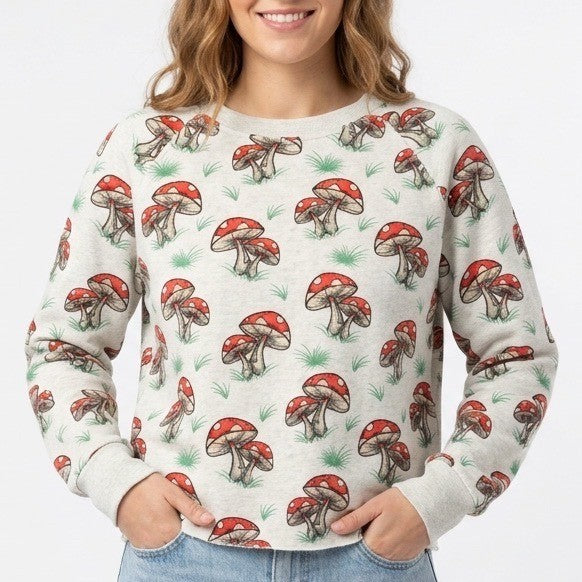 L.A. Soul Sweatshirt Womens Large White Mushroom Print Cotton Crew Neck Pullover