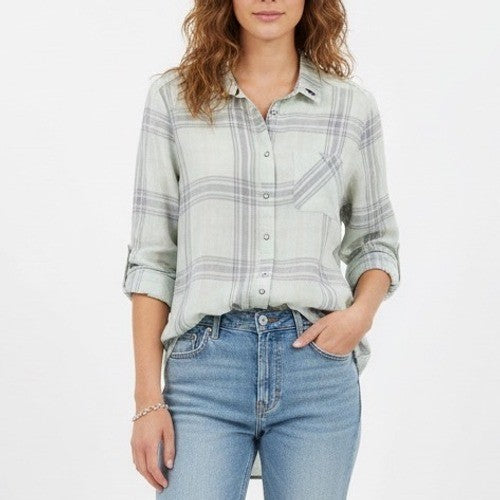 Make Model Plaid Button Down Shirt Long Sleeve Mint Gray Women's Size M