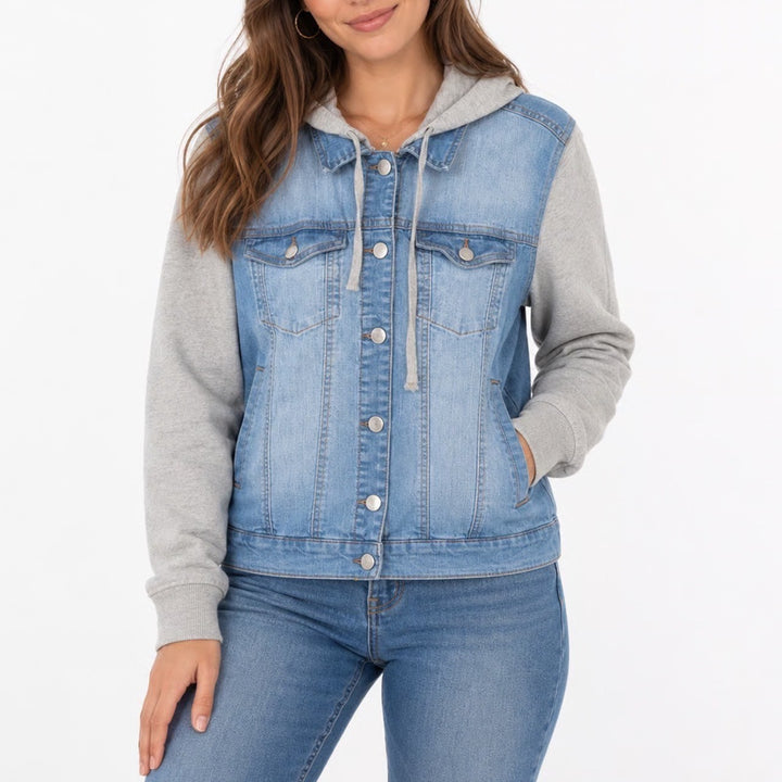 Active USA Denim Hooded Mixed Media Jean Jacket Light Wash Gray Large