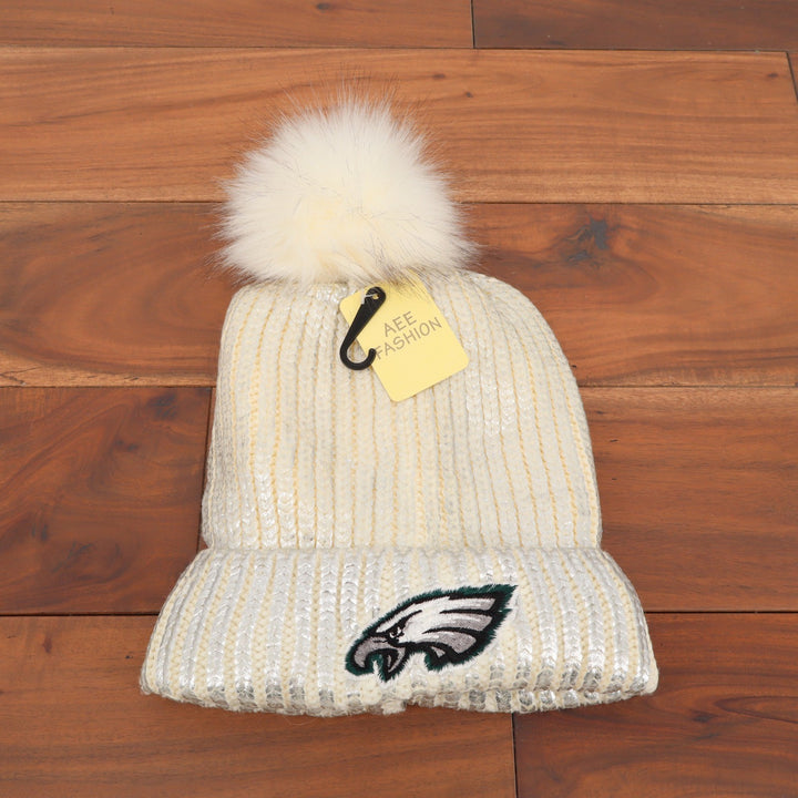 Philadelphia Eagles NFL Beanie Hat Silver Metallic Knit Pom AEE Fashion
