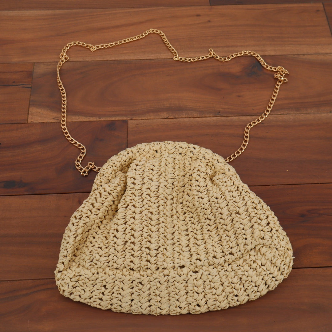 Woven Straw Rhinestone Crossbody Bag Beige Gold Chain Slouchy Pouch Clutch