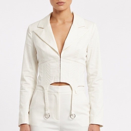 Naked Wardrobe The Statement Ivory Cropped Garter Blazer Jacket  Small
