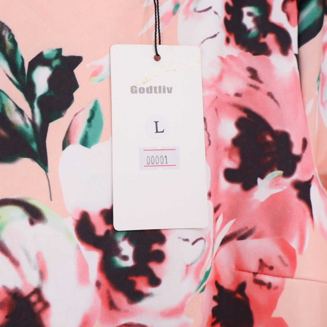 Godtliv Dress Womens L Floral Fit & Flare Peach Short Sleeve Midi NWOT New