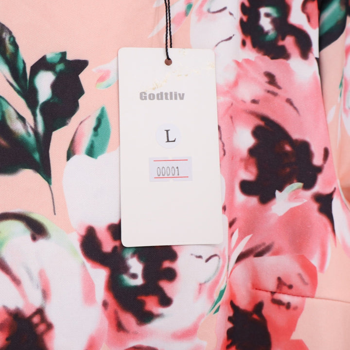 Godtliv Dress Womens L Floral Fit & Flare Peach Short Sleeve Midi NWOT New