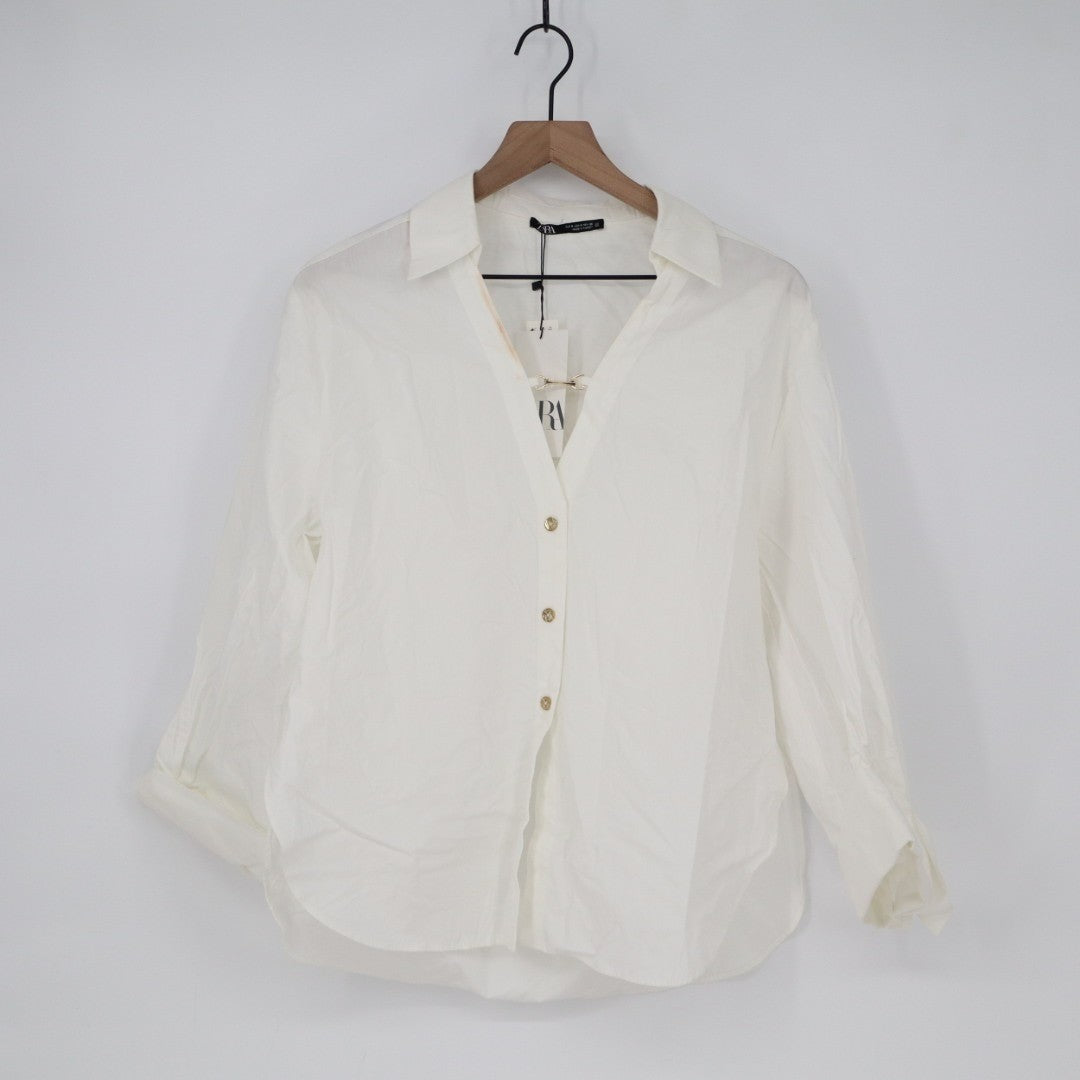 Zara Shirt Womens Small White Cotton Satin Long Sleeve Spread Collar Button Up