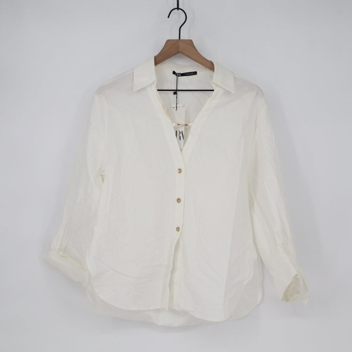 Zara Shirt Womens Small White Cotton Satin Long Sleeve Spread Collar Button Up