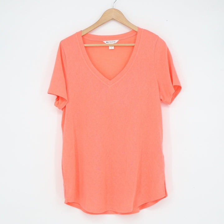 Athleta Womens V-Neck Slub Knit T-Shirt Coral Orange Short Sleeve Size L