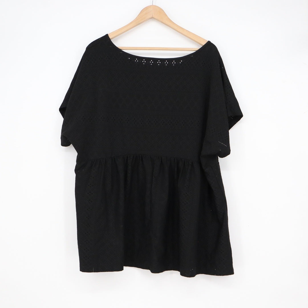 Black Eyelet Embroidered Babydoll Top Short Sleeve Oversized Peplum Blouse XL