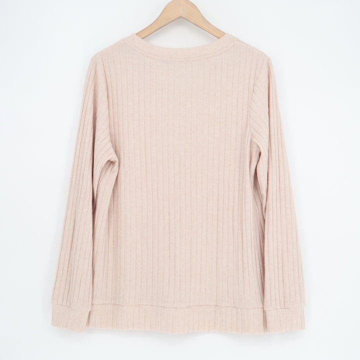 Automet Sweater Womens Large Blush Stretch Knit Rib Long Sleeve V-Neck Pullover