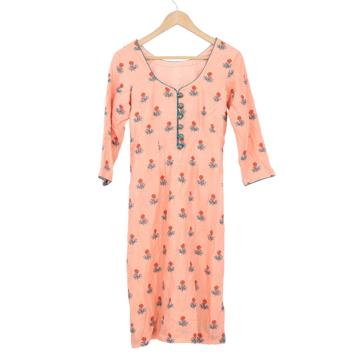 Peach Floral Cotton Kurta Tunic 3/4 Sleeve Teal Trim Rhinestone Buttons 15x39