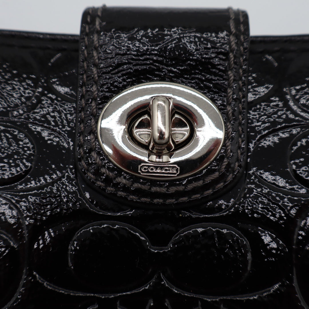 Coach Womens Black Leather Signature Embossed Credit Card Slots Turnlock Wallet