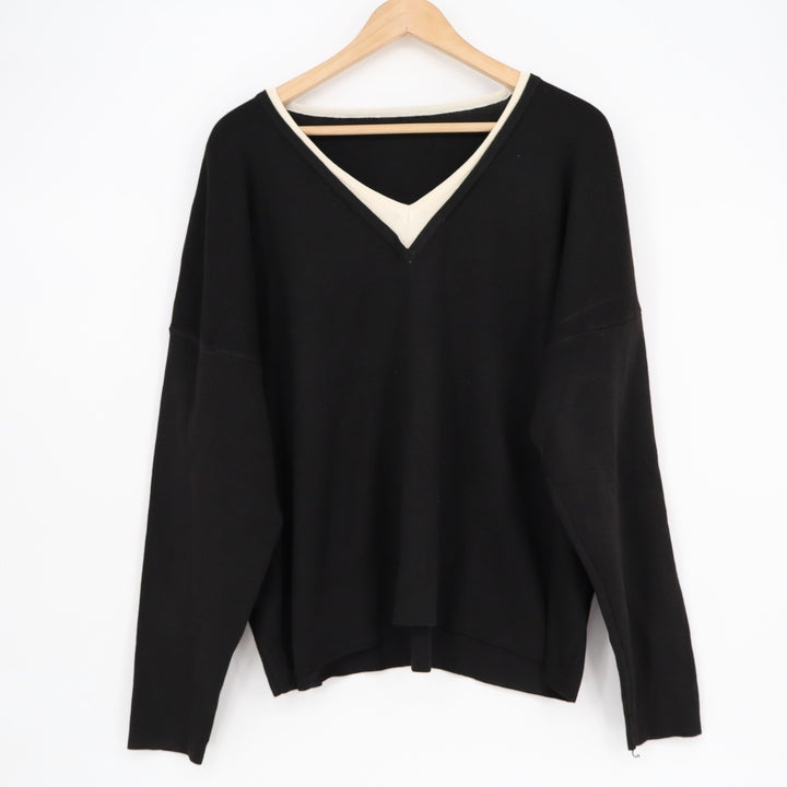 Sweater Womens 1XL Black Knitted Drop Shoulder Long Sleeve V-Neck Pullover