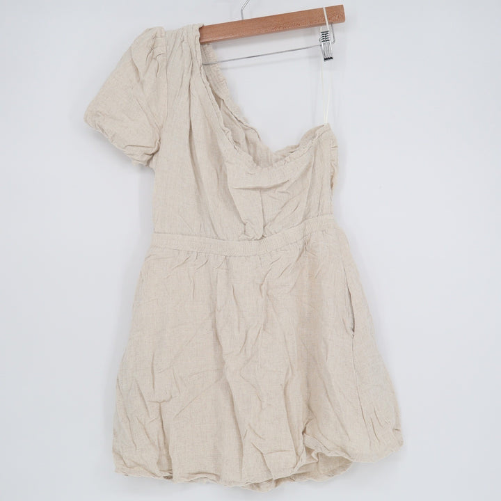 Promesa Womens One Shoulder Linen Blend Mini Dress Oatmeal Beige Size L