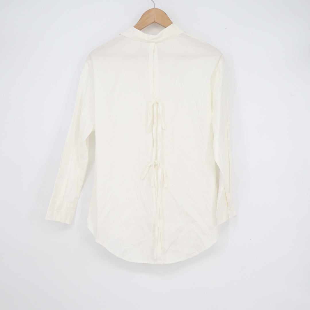 White Tie Back Button Down Shirt Long Sleeve Collared Blouse Chest Pocket