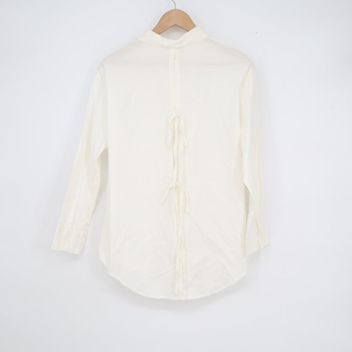 White Tie Back Button Down Shirt Long Sleeve Collared Blouse Chest Pocket