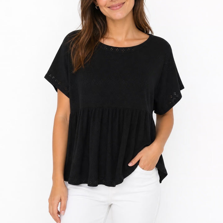 Black Eyelet Embroidered Babydoll Top Short Sleeve Oversized Peplum Blouse XL