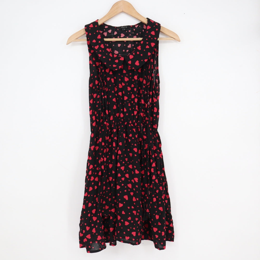 Verty Heart Print Peter Pan Collar Sleeveless Mini Dress Black Red Large