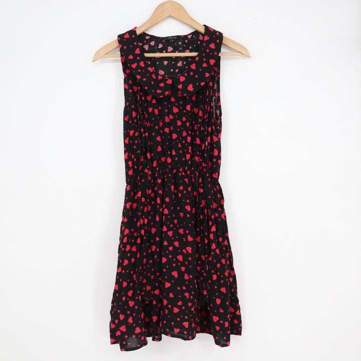 Verty Heart Print Peter Pan Collar Sleeveless Mini Dress Black Red Large