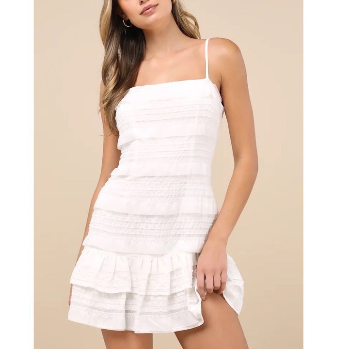 Lulus Emele Mini Dress Women Large White Stretch Textured Tiered Spaghetti Strap