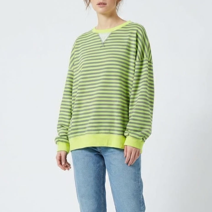Sweatshirt Womens 2XL Green Gray Striped Crew Neck Drop Shoulder Long Sleeve