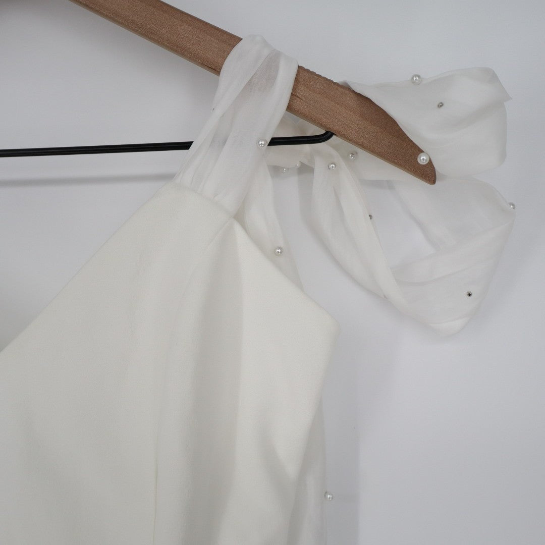 Lulus Certainly Aglow Romper Womens Small White Organza Pearl Tie Strap V Neck
