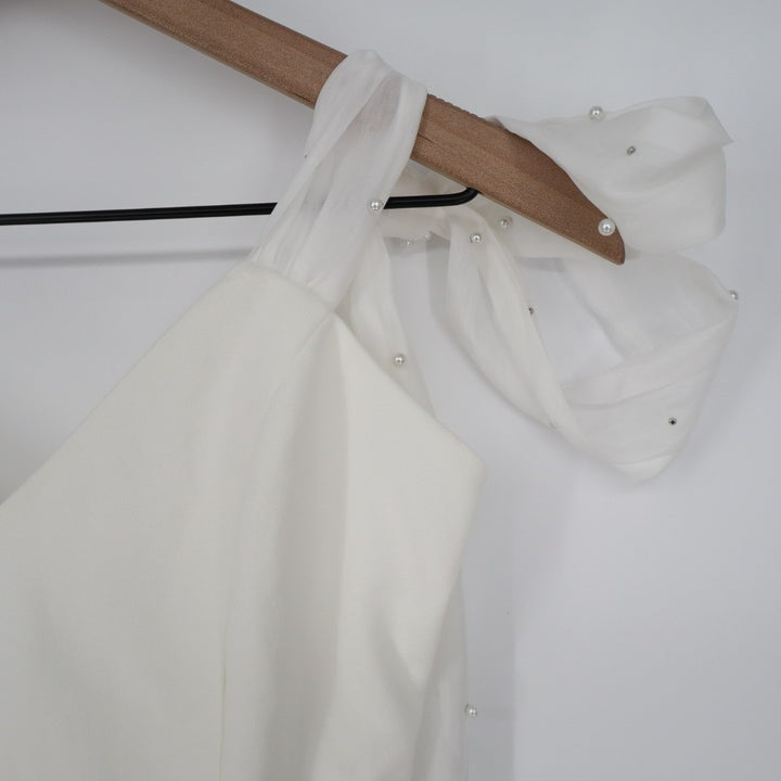 Lulus Certainly Aglow Romper Womens Small White Organza Pearl Tie Strap V Neck
